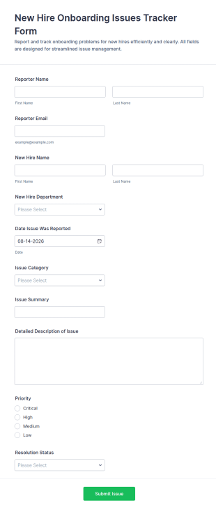New Hire Onboarding Issues Tracker Form Template