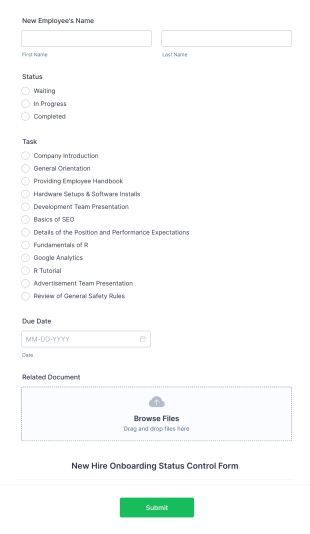 New Hire Onboarding Status Control Form Template
