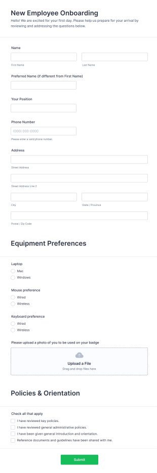 New Hire Onboarding Form Template