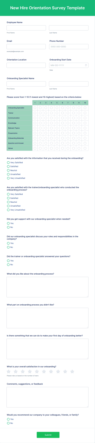 New Hire Orientation Survey Template Form Template