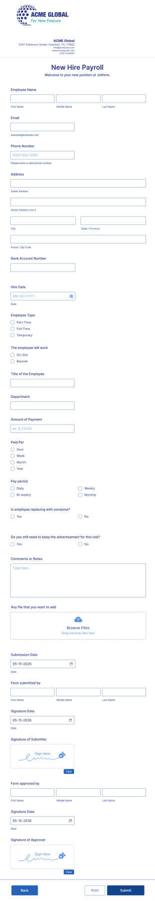 New Hire Payroll Form Template