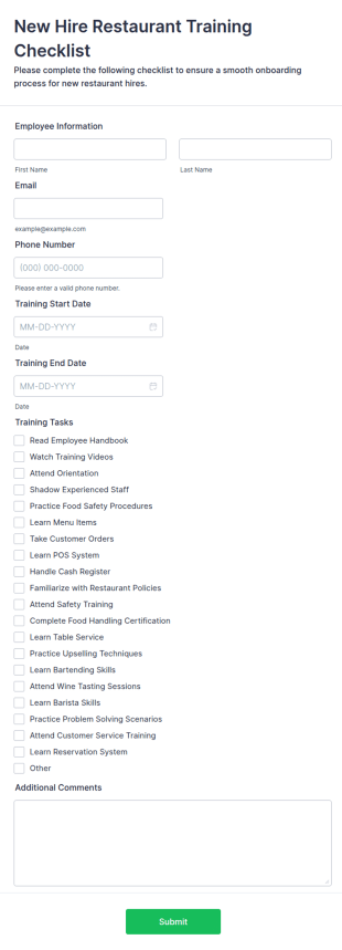 New Hire Restaurant Training Checklist Form Template