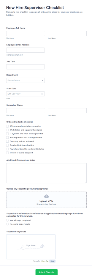 New Hire Supervisor Checklist Form Template