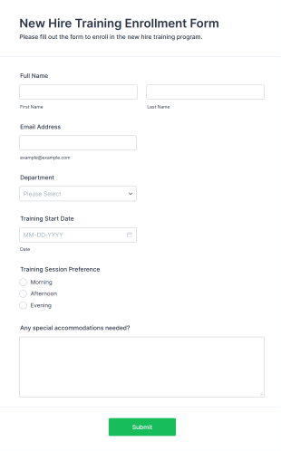 New Hire Training Enrollment Form Form Template
