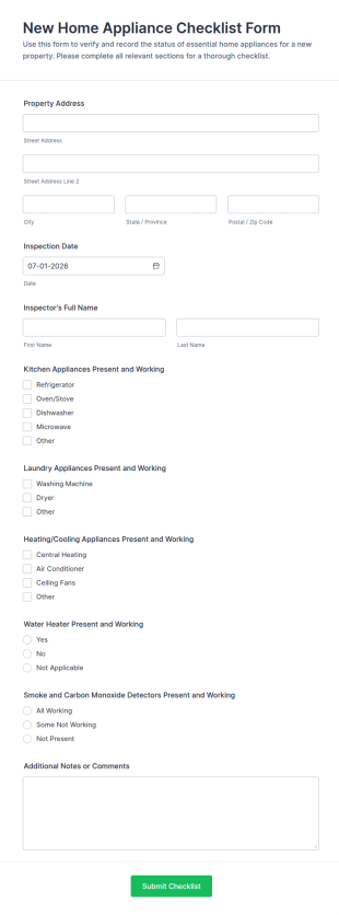 New Home Appliance Checklist Form Template