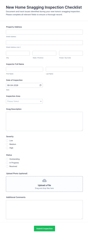 New Home Snagging Inspection Checklist Form Template