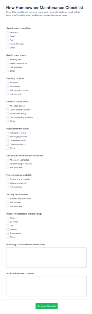 New Homeowner Maintenance Checklist Form Template