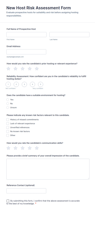 New Host Risk Assessment Form Template