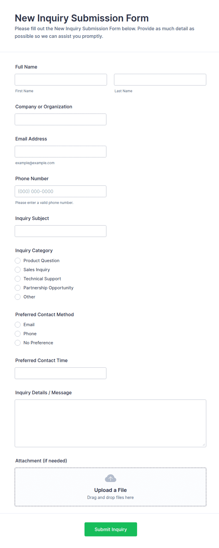 New Inquiry Submission Form Template | Jotform