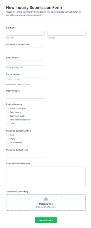 New Inquiry Submission Form Template
