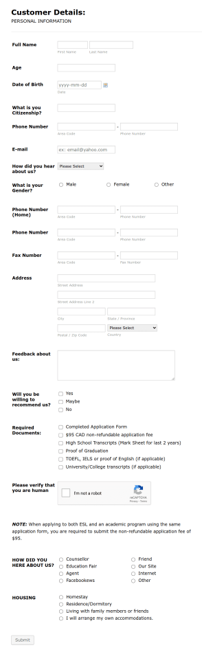 New International Student Application Form Template