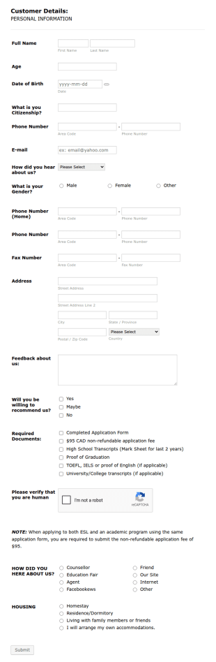 New International Student Application Form Template