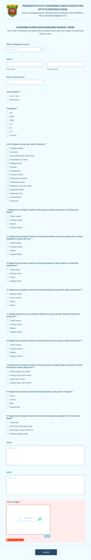 New Kuisioner Survei Kepuasan Masyarakat (Skm) Form Template