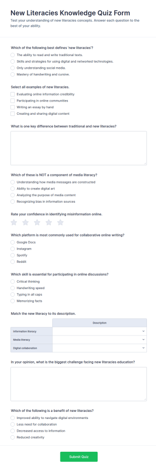 New Literacies Knowledge Quiz Form Template