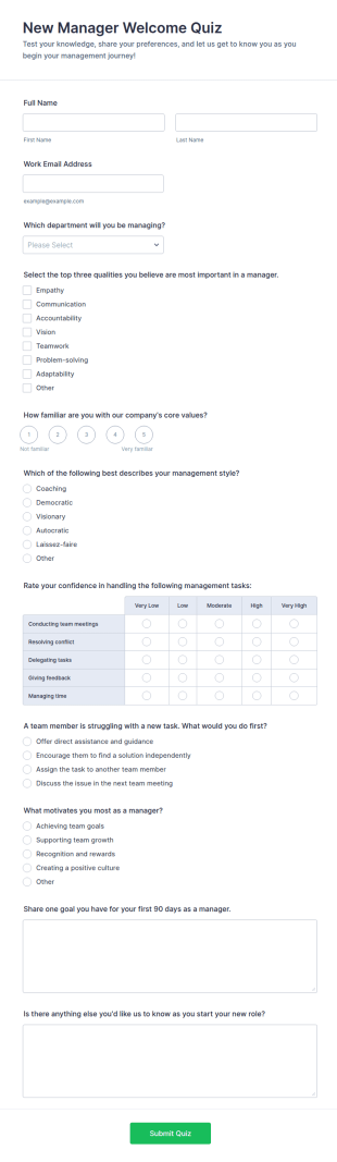 New Manager Welcome Quiz Form Template