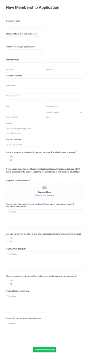 Business Marketing New Member Application Form Template
