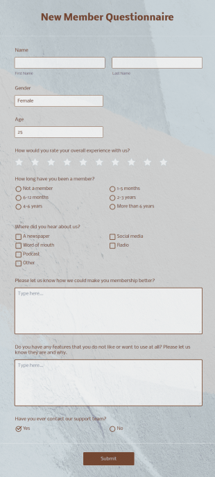 New Member Questionnaire Form Template