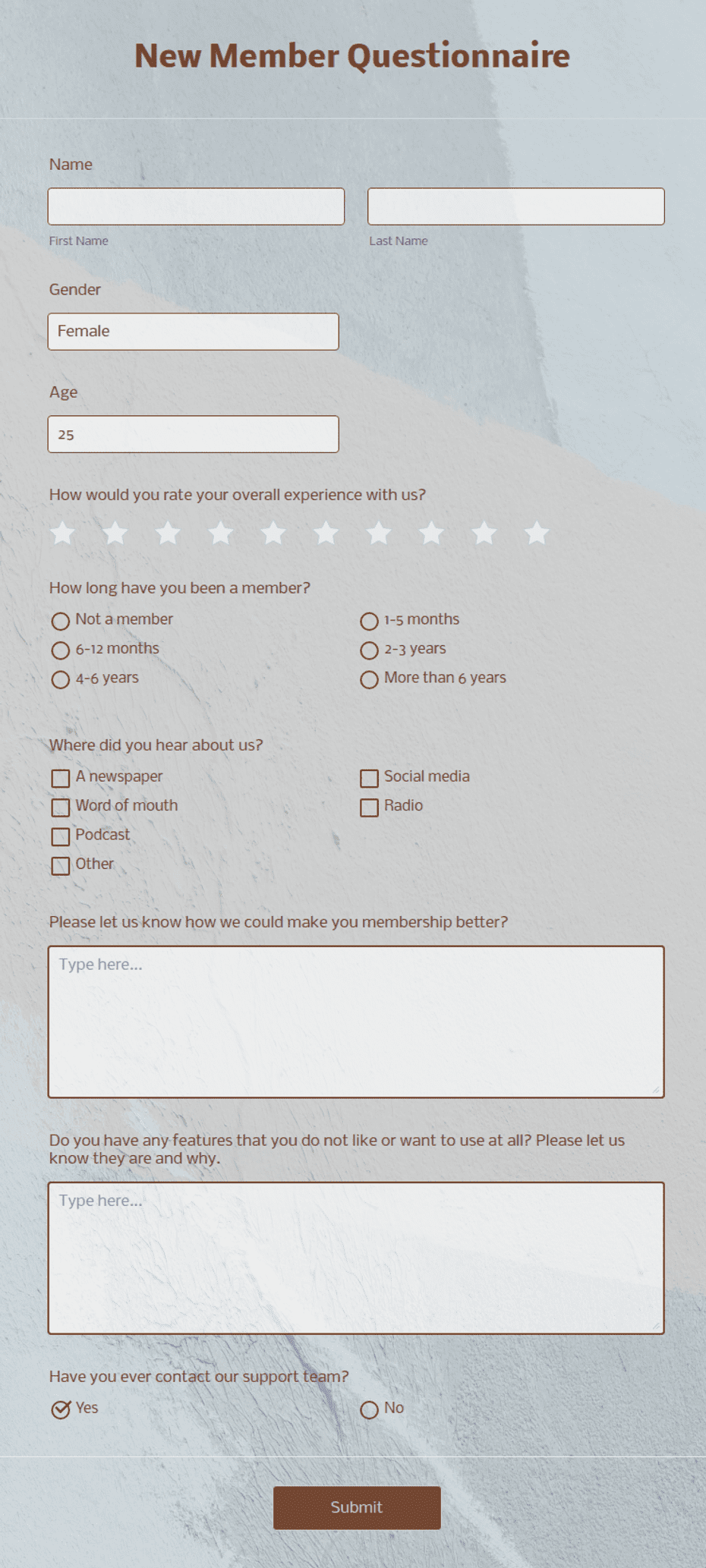 Example Member Inquiry Form New Member Questionnaire Form Template | Jotform