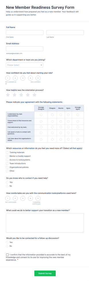 New Member Readiness Survey Form Template