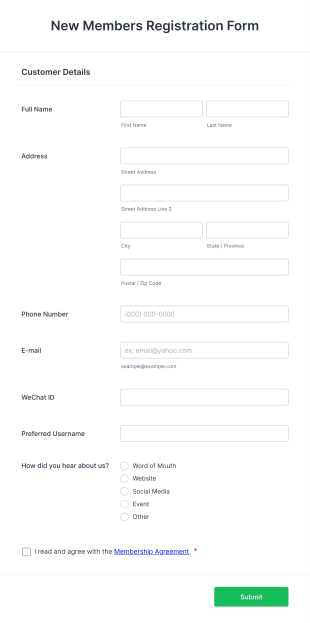 New Members Registration Form Template