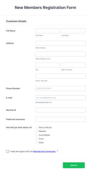New Members Registration Form Template