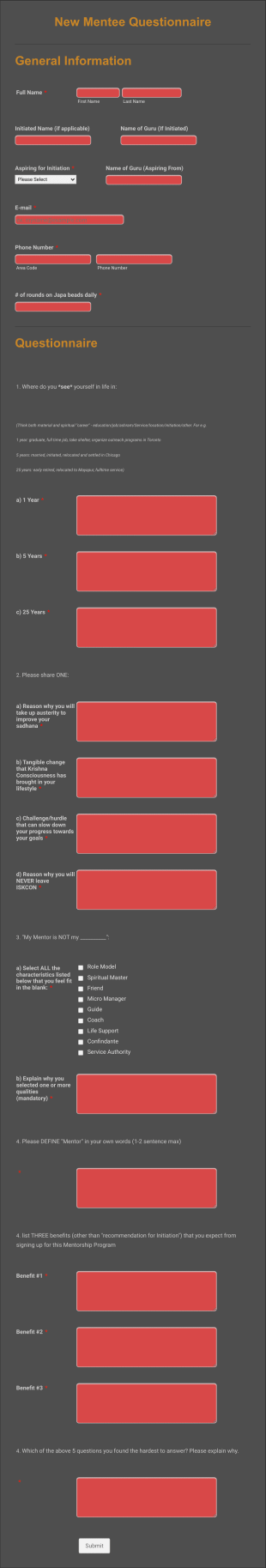 New Mentee Questionnaire Form Template