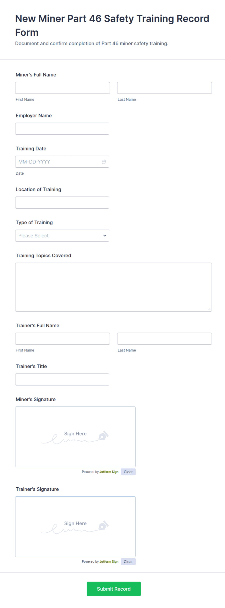 New Miner Part 46 Safety Training Record Form Template | Jotform