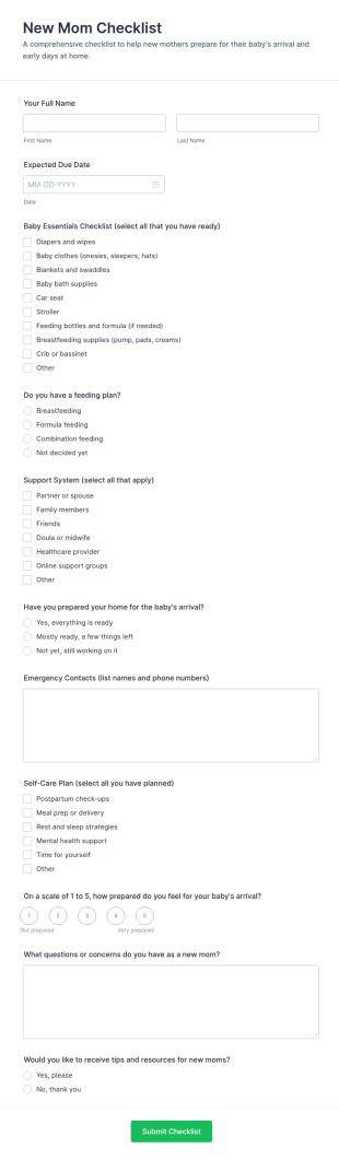 New Mom Checklist Form Template
