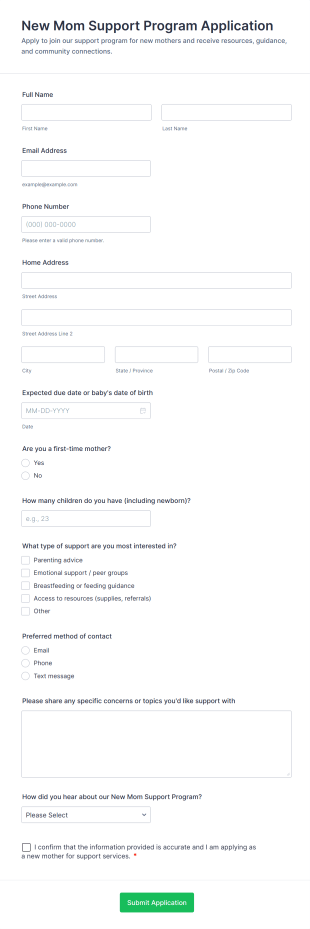 New Mom Support Program Application Form Template
