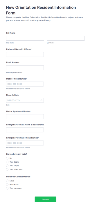 New Orientation Resident Information Form Template