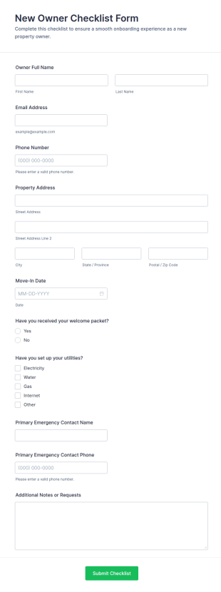 New Owner Checklist Form Template