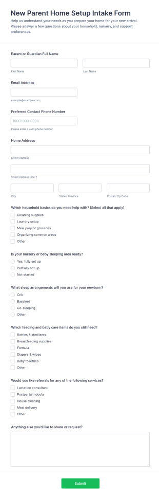 New Parent Home Setup Intake Form Template