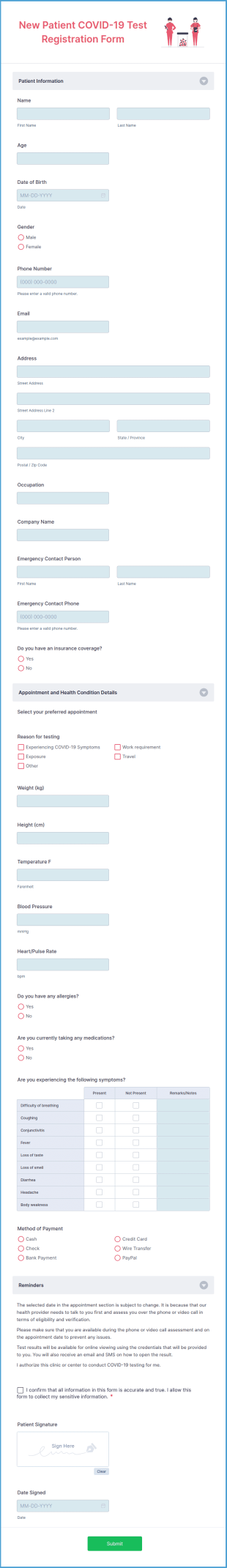New Patient COVID 19 Test Registration Form Template