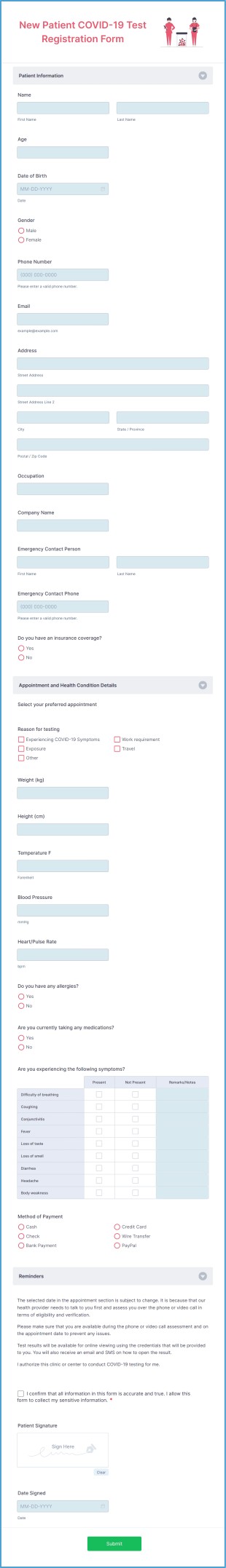 New Patient COVID 19 Test Registration Form Template