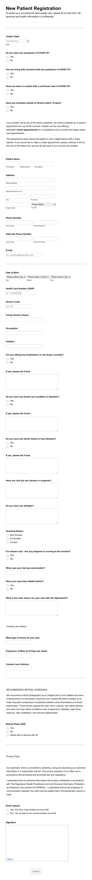 New Patient Intake Form_Bayview COVID Form Template