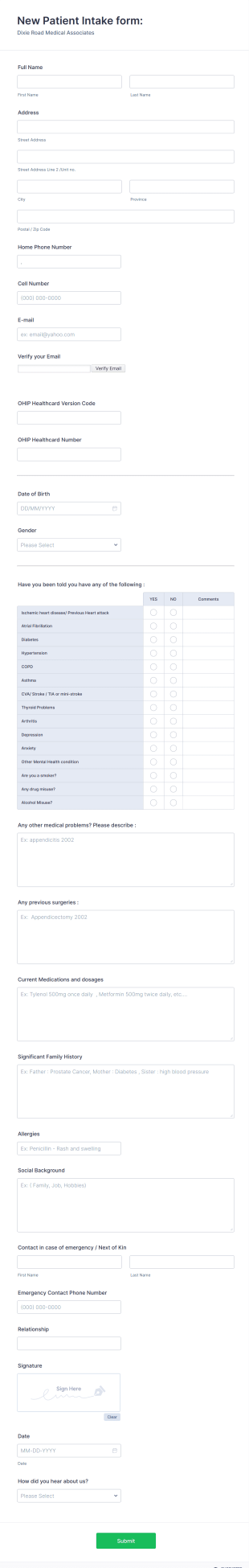 New Patient Intake Form Template