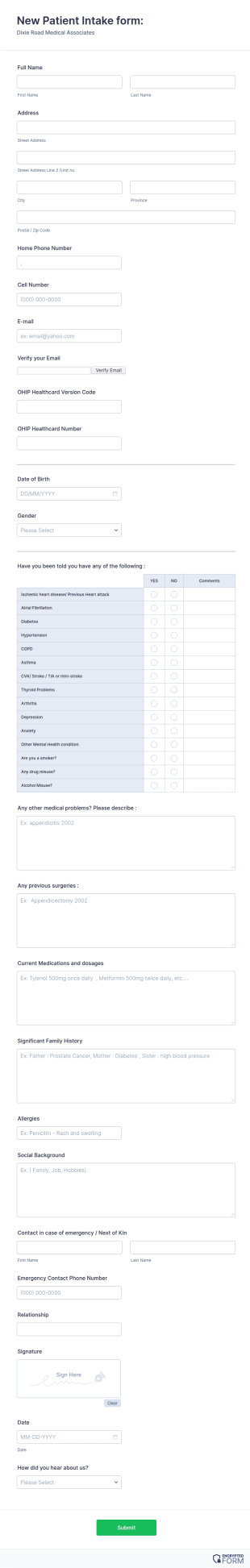New Patient Intake Form Template