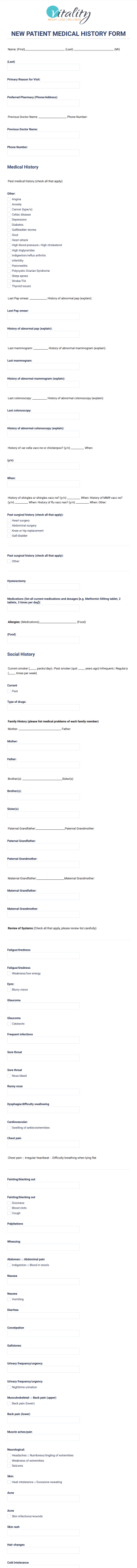 New Patient Medical History Form Template
