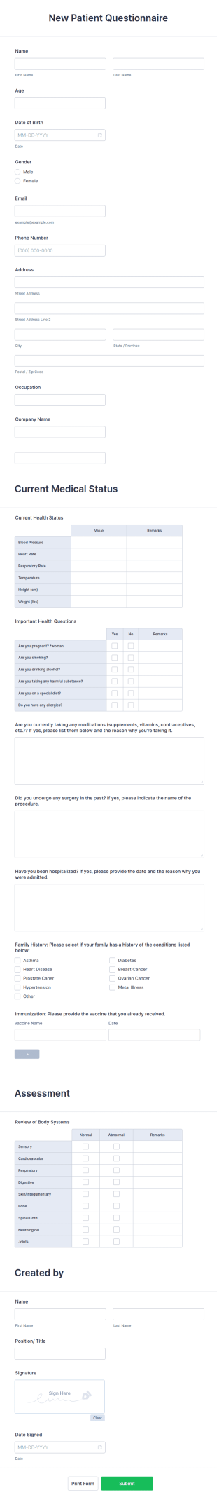 New Patient Questionnaire Form Template