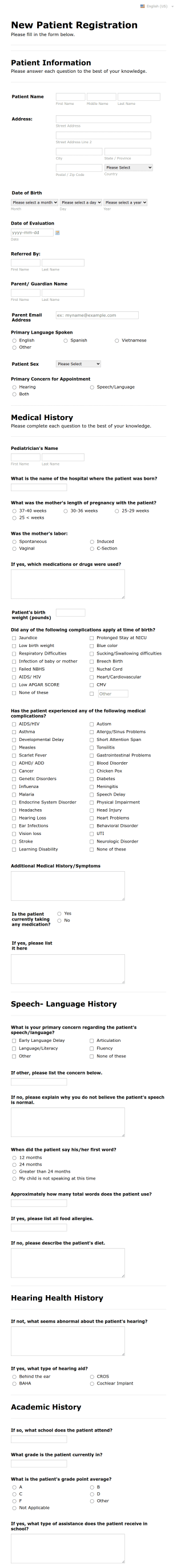 New Pediatric Patient Registration Form Template