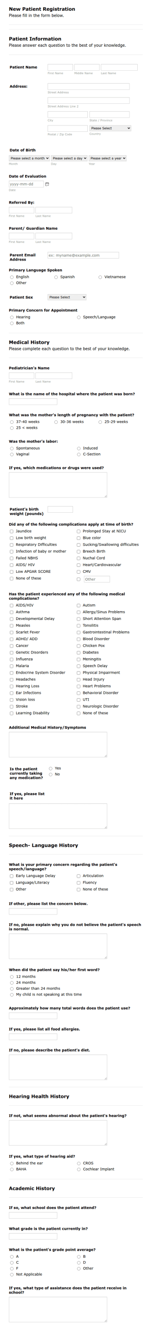 New Pediatric Patient Registration Form Template