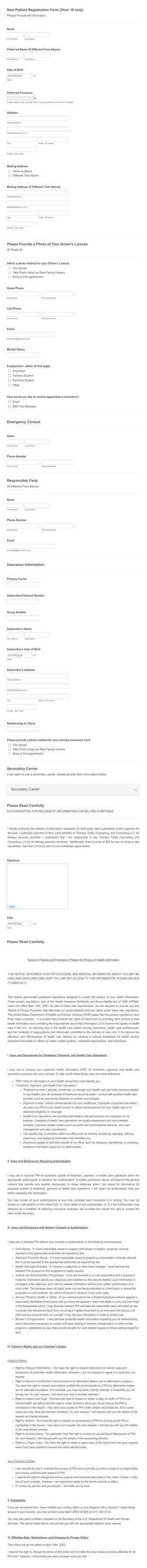 New Patient Registration Form (Over 18 Only)
