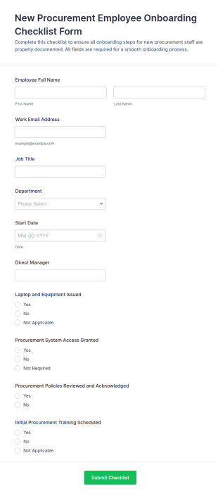 New Procurement Employee Onboarding Checklist Form Template