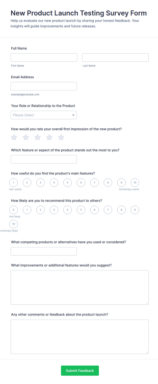 New Product Launch Testing Survey Form Template