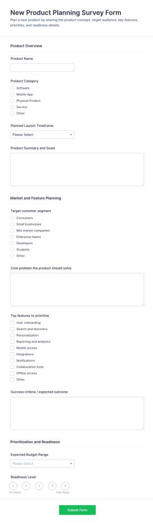 New Product Planning Survey Form Template