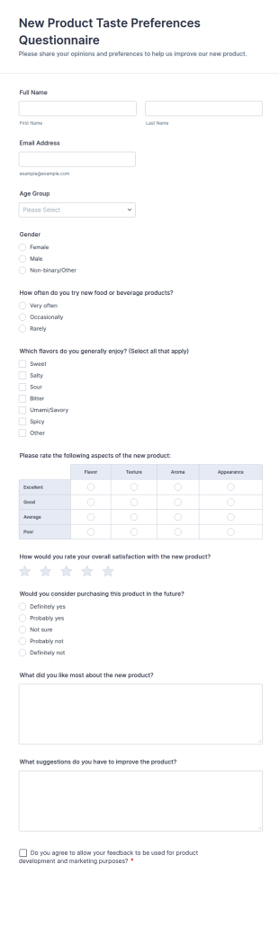 New Product Taste Preferences Questionnaire Form Template