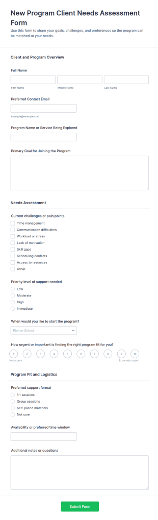 New Program Client Needs Assessment Form Template