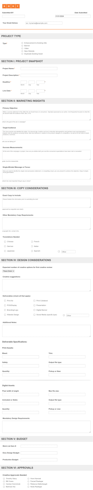 New Project Brief Form Template