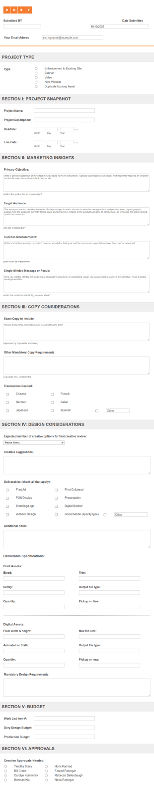 New Project Brief Form Template