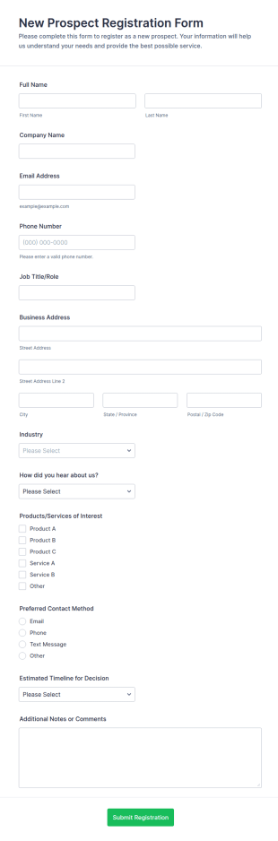 New Prospect Registration Form Template